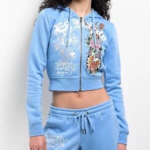 Ed Hardy Flower Skulls Crop Zip Hoodie - Powder Blue